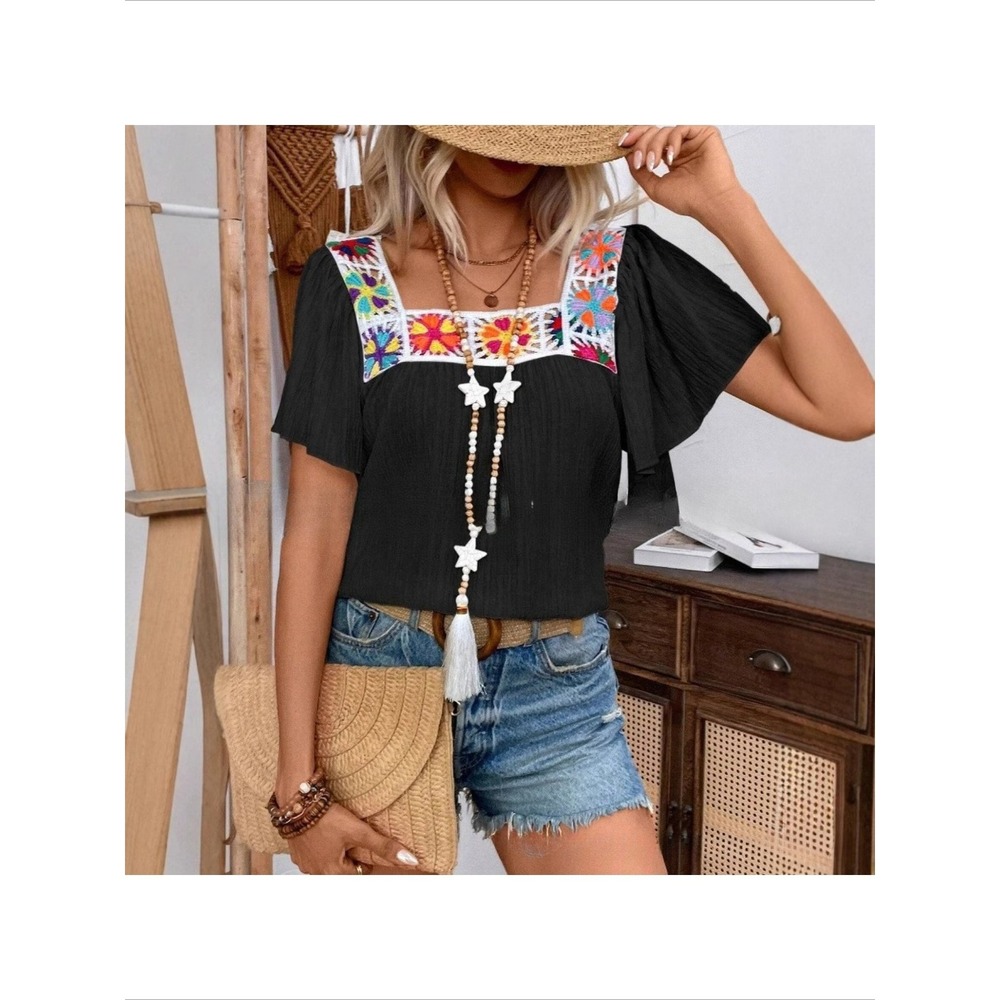Boho Floral Crochet Square Neck Blouse Black Flutter Sleeve Summer Top NEW Sz L